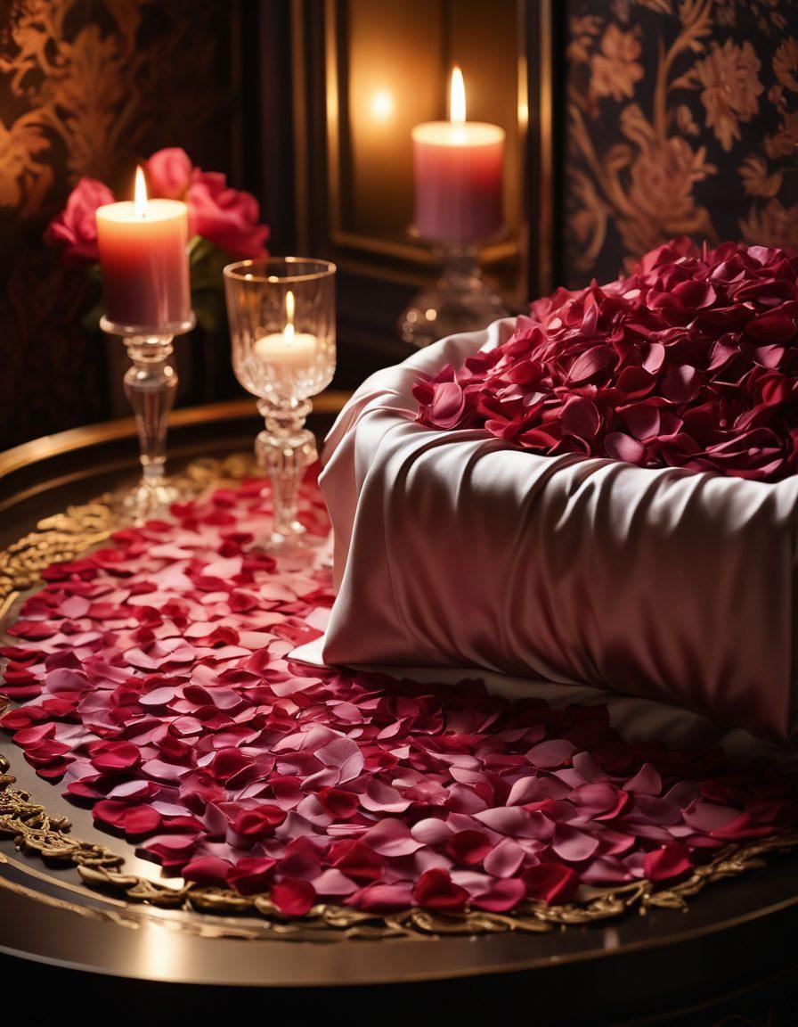 A luxurious, intimate setting featuring soft candlelight, plush fabrics, and elegantly arranged rose petals. A sensuous, abstract silhouette of a couple intertwines at the center, embodying passion and desire. Surrounding them are delicate elements like feathers and silk swatches, evoking a sense of indulgence and exploration. Rich, deep colors dominate the scene, creating an inviting atmosphere. super-realistic. vibrant colors. soft focus.