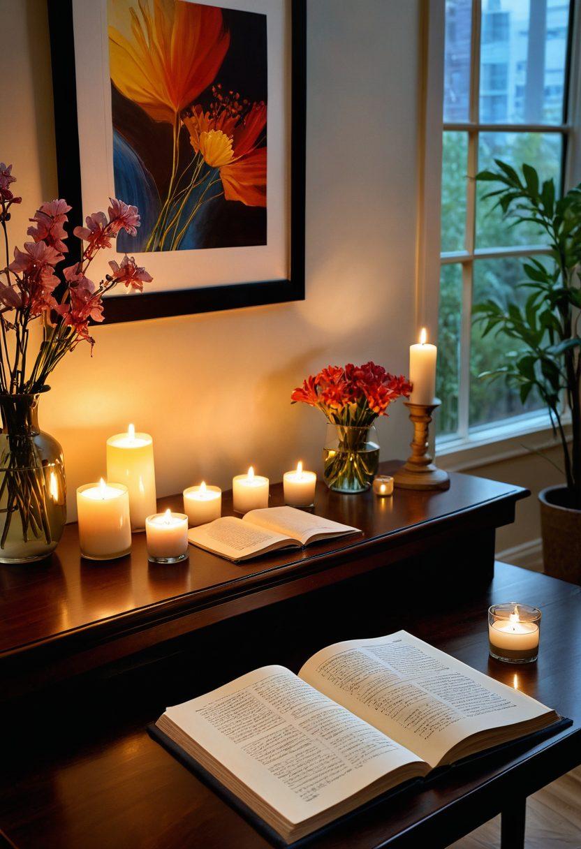 A serene and intimate setting featuring a beautifully arranged desk with an open book on sexual wellness, soft candles flickering in the background, and delicate flowers in a vase. To the side, a vibrant abstract painting representing love and passion, and a tranquil water feature creating a calming atmosphere. The overall tone is warm and inviting, encouraging exploration and discovery. colorful and inviting. painting.